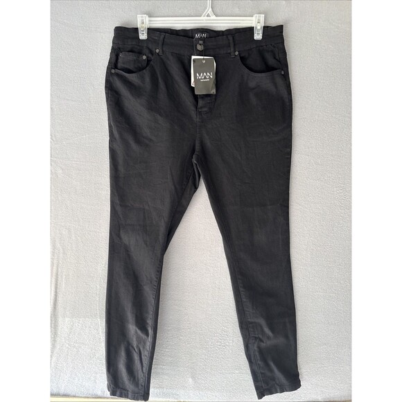 NWT BoohooMAN Black Skinny Jeans Sz 40 4 Buttons - Picture 1 of 10
